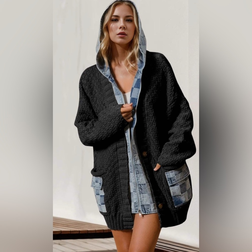 Black and Denim Hooded Cardigan